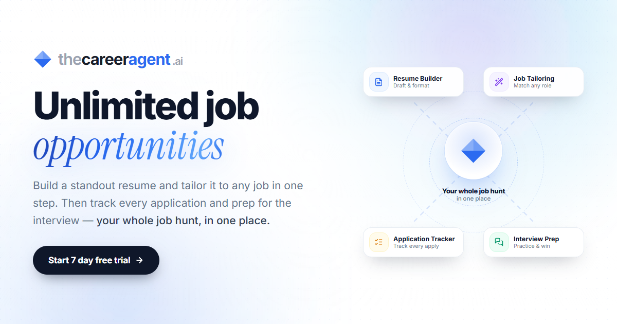 The Career Agent — build and tailor your resume, track applications, and prep for interviews: your whole job hunt, in one place.